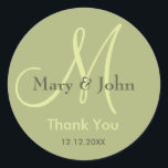 Sage Green Merci Mariage Monogramme Sticker<br><div class="desc">Stickers initiaux avec nom de mariée et mariée, date du mariage et une note de remerciement à l'express de votre gratitude le jour de votre mariage ou toute occasion spéciale. Plus de couleurs sont disponibles pour votre choix. Vous pouvez également customiser la couleur et la police à l'aide du bouton...</div>