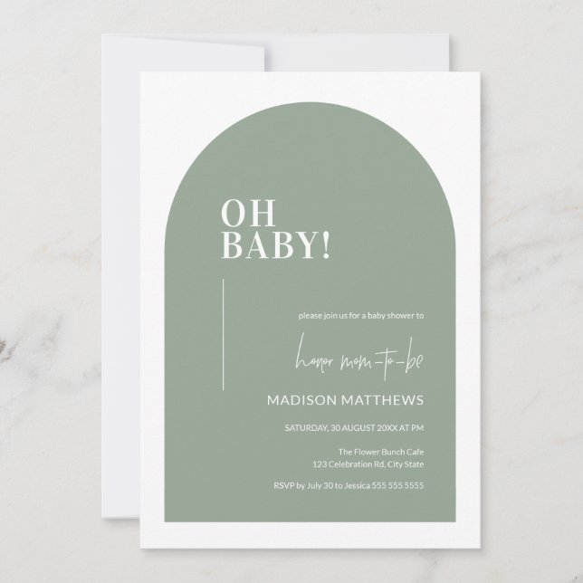Sage Green Minimal Arc Oh Baby shower Invitation (Devant)