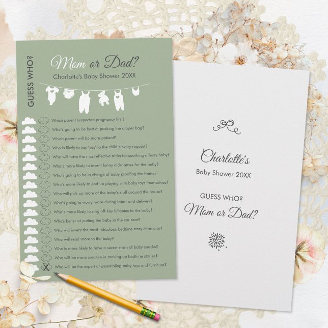Sage Green Minimalist Baby shower Devinez Qui Joue (Sage Green Minimalist Baby Shower Guess Who Game ©Susanne Sachers - Sunny Mind 🌞)