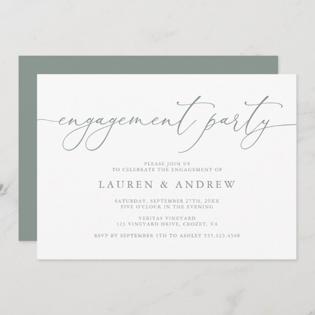 Sage Green Minimalist Engagement Party Invitation (Devant / Derrière)