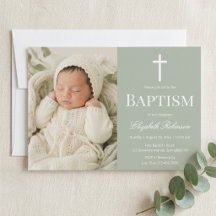 Sage Green Minimaliste Invitation Photo de Baptême