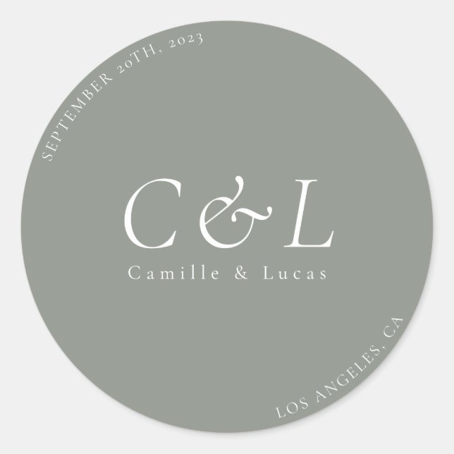 Sage Green Minimaliste mariage rond autocollant (Devant)
