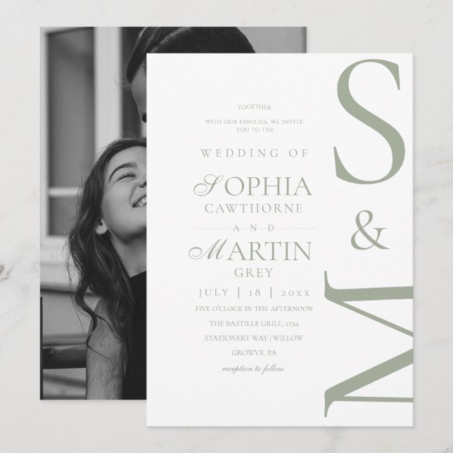 Sage Green Modern Wedding Photo Invitation (Devant / Derrière)