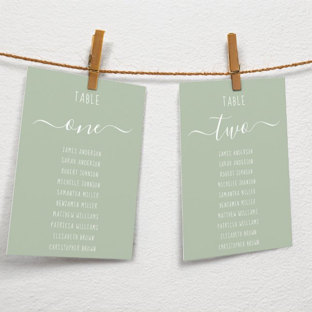 Sage Green Modern White Script Seating Chart Card (Créateur téléchargé)