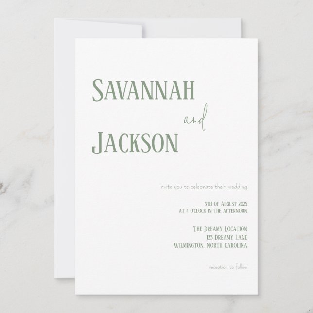 Sage Green Moderne Élégant Mariage Invitation (Devant)