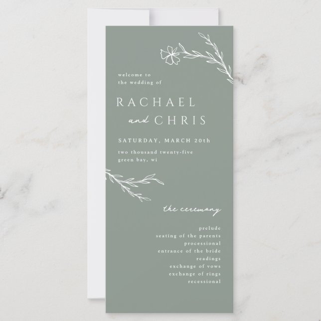Sage Green Moderne Floral Programme de mariage bot (Devant)