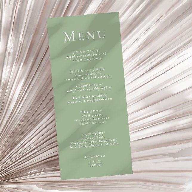 Sage Green Moderne Minimaliste Menu Mariage (Sage Green Modern Minimalist Wedding Menu on a sunny neutral dry palm leaf.)