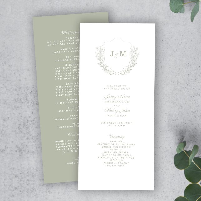 Sage Green Monogram Crest Wedding Programme (Créateur téléchargé)