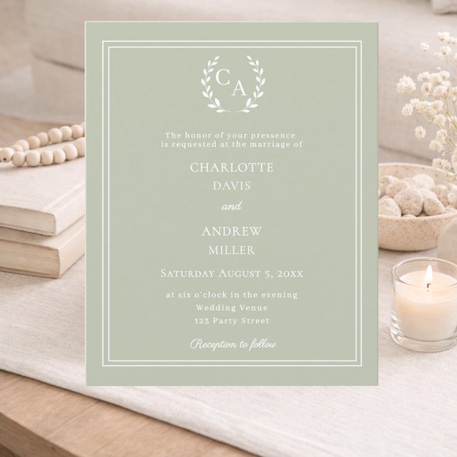 Sage green monogram wreath wedding invitation (Créateur téléchargé)