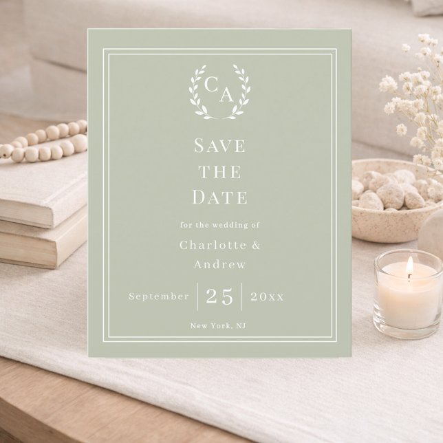 Sage green monogram wreath wedding Save the Date  (Créateur téléchargé)