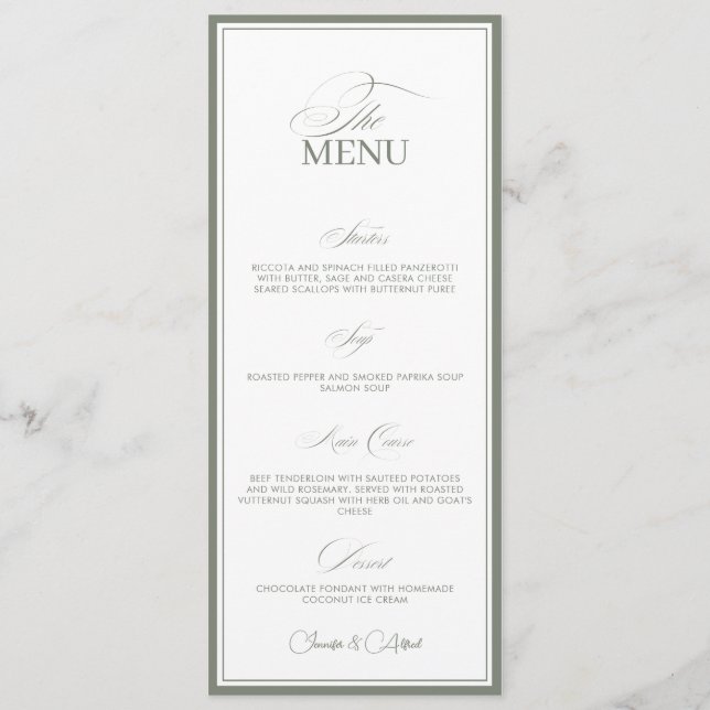 Sage Green Old Money Wedding Red Dinner Menu Card (Devant)