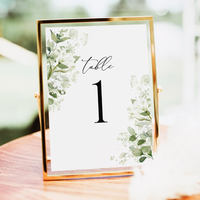 Sage Green Organic Greenery Wedding Table Numbers (Sage green organic greenery wedding table number with watercolor, elegant reception table décor.)