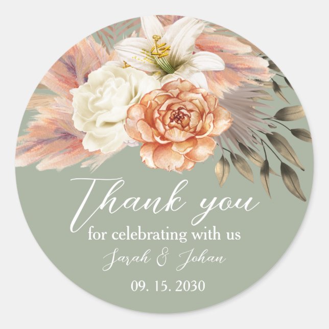 Sage Green Peach Floral Mariage Sticker Merci (Devant)