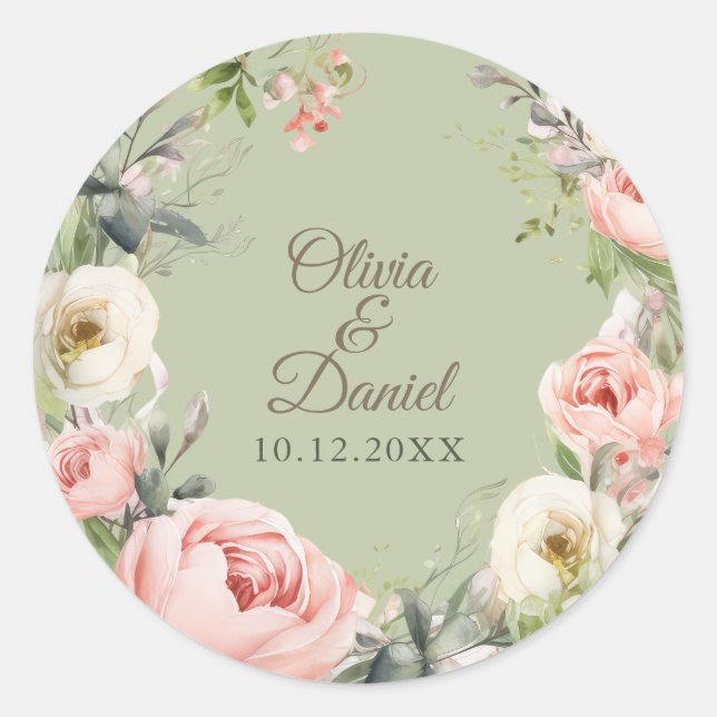 Sage Green Peony Floral Round Sticker (Devant)