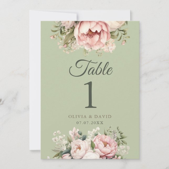 Sage Green Peony Floral Wedding Table Number (Devant)
