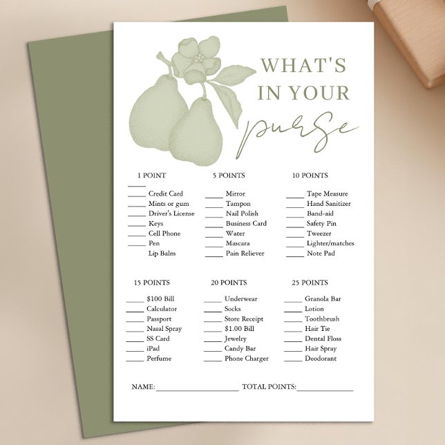 Sage Green Perfect Pear Fête des mariées Jeu (What's in your purse)