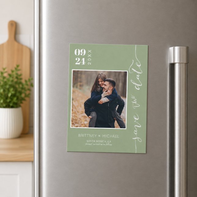Sage Green Photo Enregistrer la Date (Elegant sage green photo save the date magnet featuring modern typography )