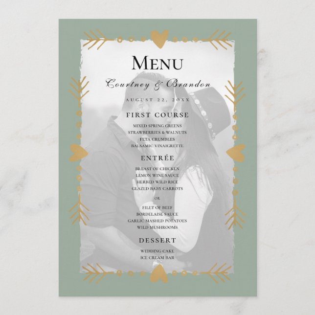 Sage Green Photo moderne Gold Hearts Mariage Menu (Devant)