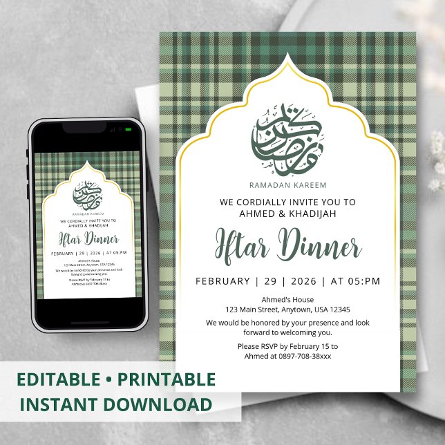 Sage Green Plaid Pattern Ramadan Iftar Invitation (Créateur téléchargé)