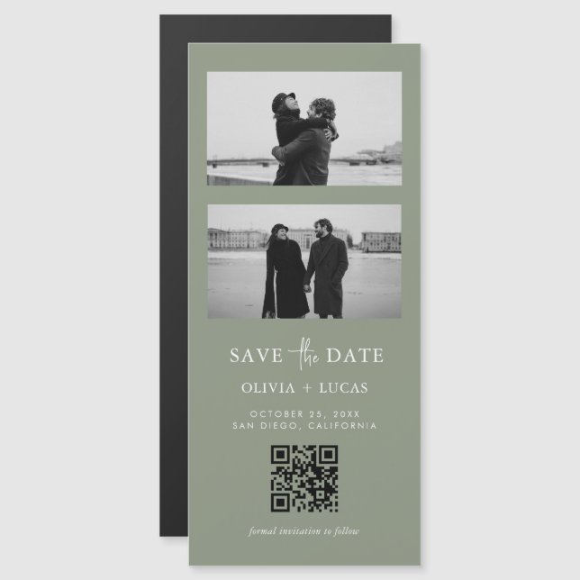 Sage Green QR Code Bande photo Mariage magnétique (Devant / Derrière)