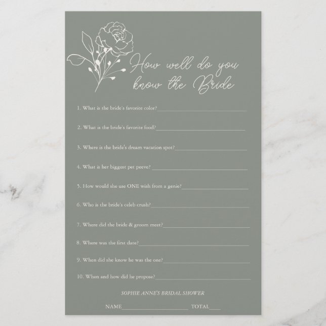 Sage Green Qui Connaît Le Jeu De Fête des mariées  (Devant)