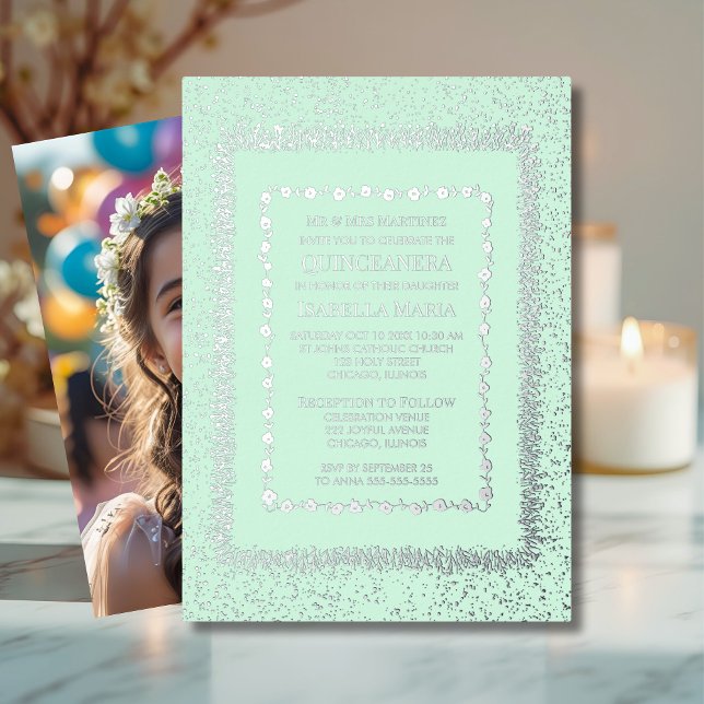 Sage Green Quinceañera Invitation Glam Sparkle (Créateur téléchargé)