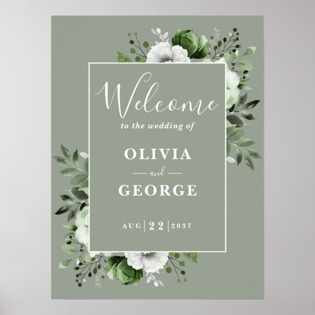 Sage Green Rustic Boho Floral Mariage Affiche de b (Devant)