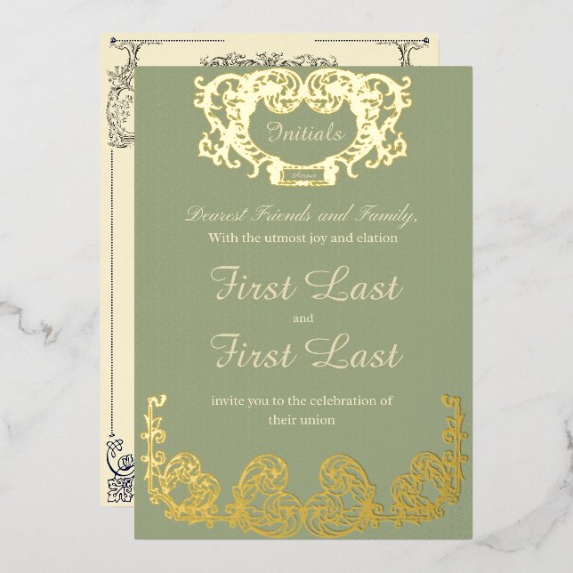 Sage Green Rustic Royal Mariage Foil Invitation (Recto/Verso)