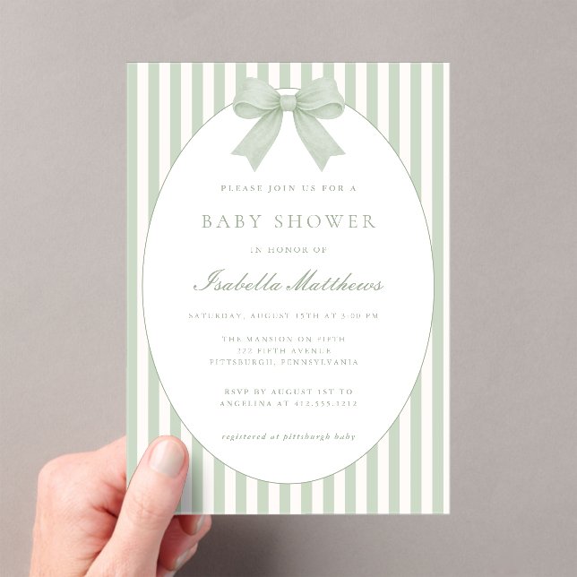 Sage Green Striped Baby Shower Invitation with Bow (In situ (ordinateur de poche))