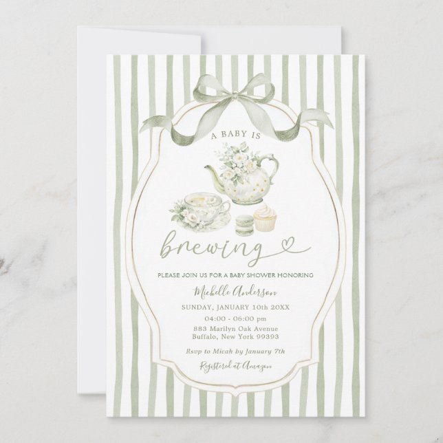 Sage Green Tea Party Baby Shower Stripe Invitation (Devant)
