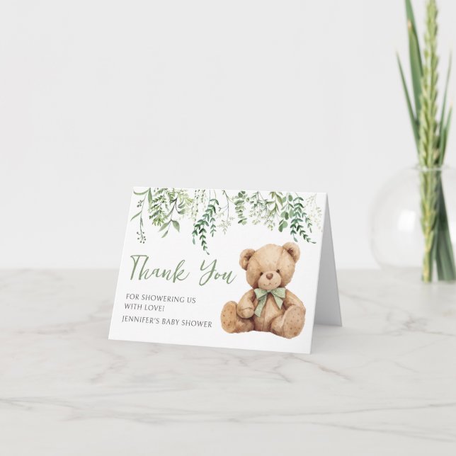 Sage Green Teddy Bear Baby shower Merci Cartes (Devant)