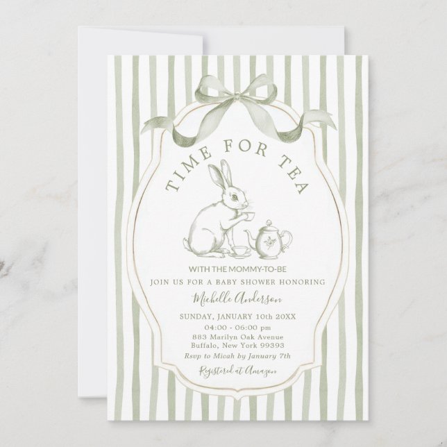 Sage Green Time for Tea Rabbit Invitation (Devant)