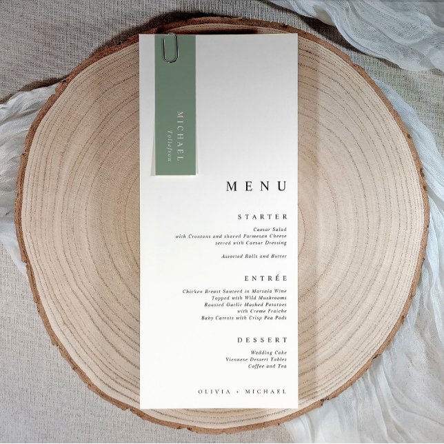 Sage Green Wedding Name Tags 3.5 x 1 Slim Cards (Sage green wedding name tag attached to menu, slim minimalist place card for elegant table settings)