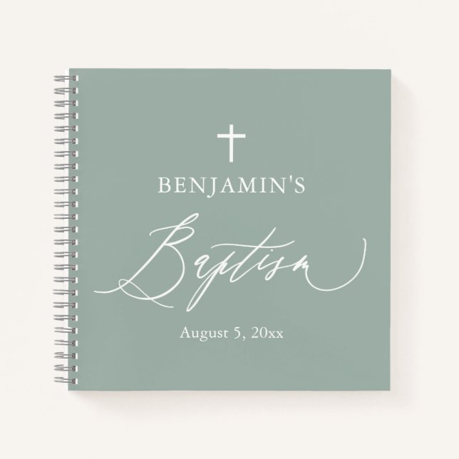 Sage Green White Cross Boy Baptism Livre d'invité (Devant)