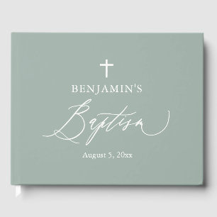 Sage Green White Cross Boy Baptism Livre d'invité