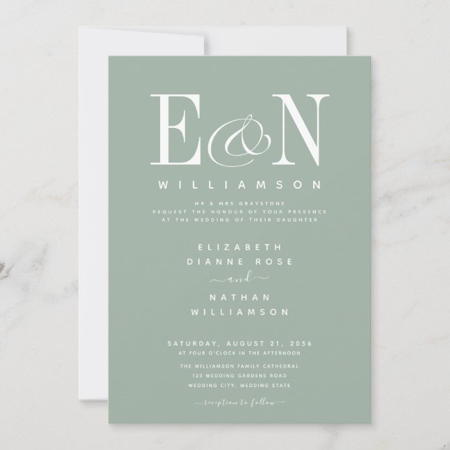 Sage Green & White Élégant Mariage Invitation (Devant)