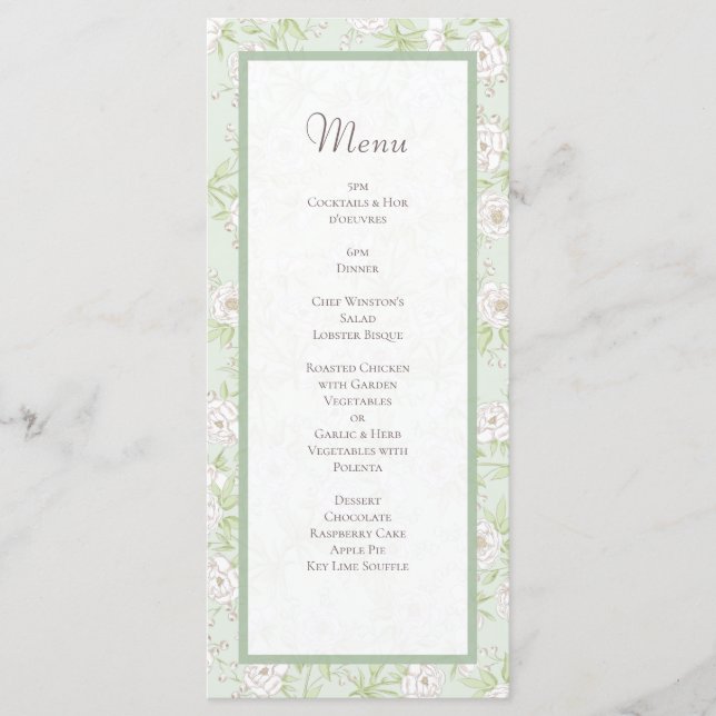 Sage Green White Rose Wedding Menus (Devant)