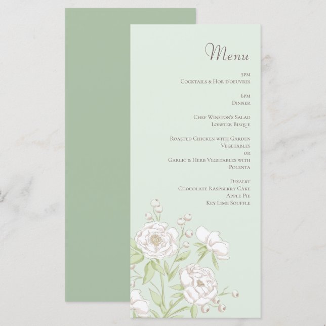 Sage Green White Rose Wedding Menus (Devant / Derrière)