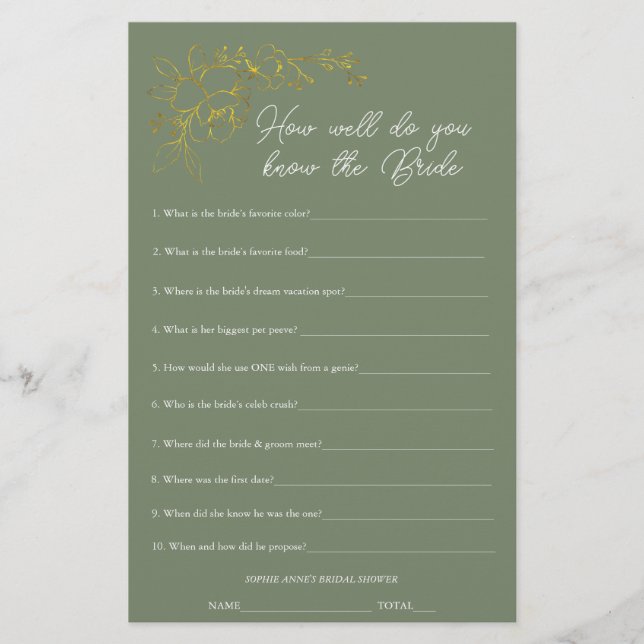 Sage Green Who Knows The Bride Shower Game (Devant)