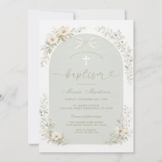Sage Green Wildflower Arch Baptism Invitation (Devant)