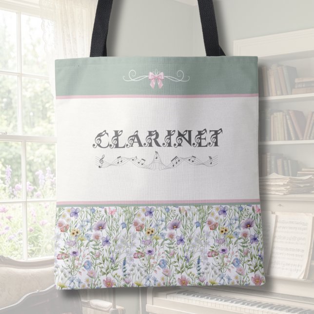 Sage Green Wildflower Clarinet Tote Bag | Musician (Personalized Clarinet Tote Bag | Whimsical Sage Green & Pink Floral Wildflower Musician Gift)