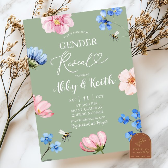 Sage Green Wildflower Gender Reveal Invitation (Créateur téléchargé)