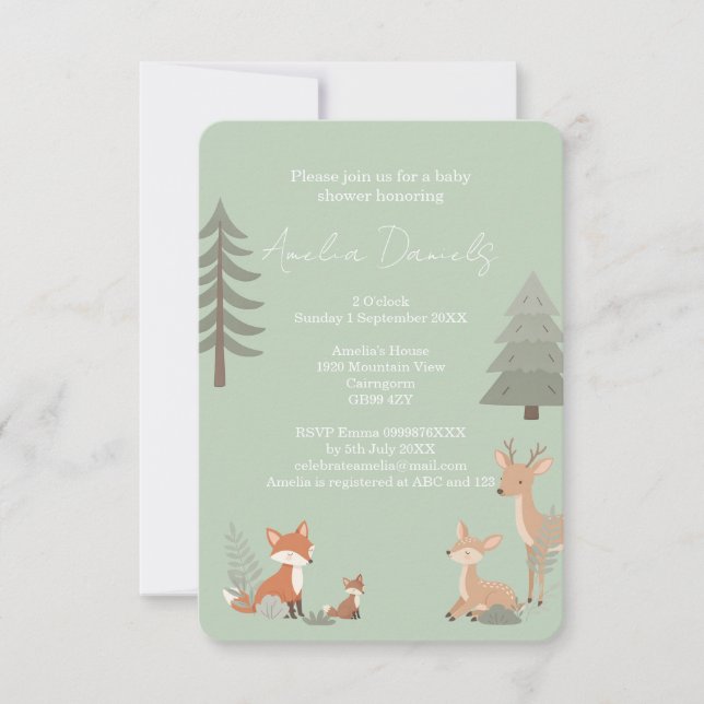 Sage Green Woodland Animal Baby Shower Invitation (Devant)