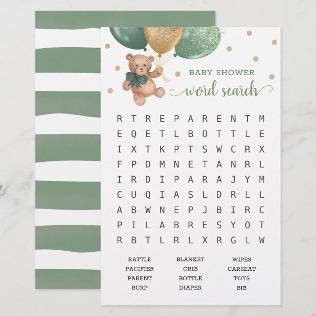 Sage Green Word Recherche Scramble Jeu Teddy Bear (Devant / Derrière)