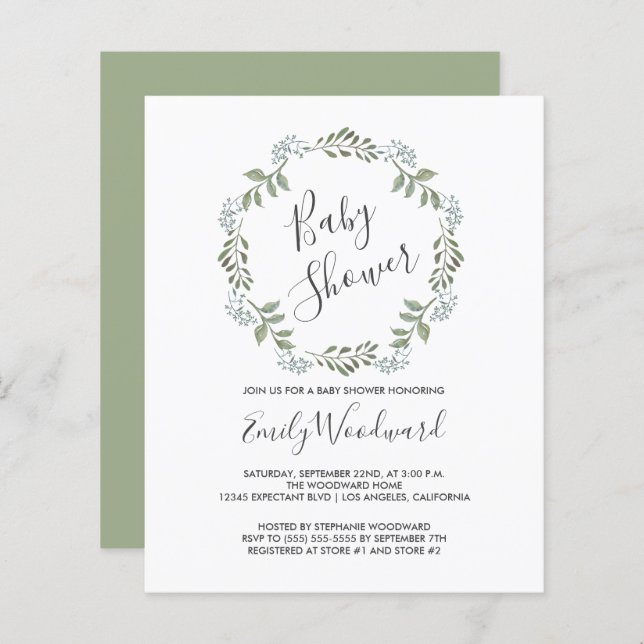 Sage Green Wreath Baby shower Invitation (Devant / Derrière)