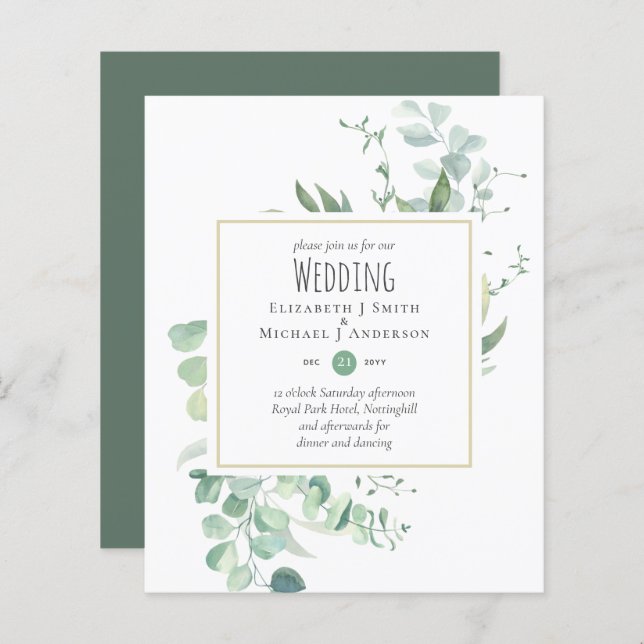 Sage Greenery Eucalyptus Mariage BUDGET Invitation (Devant / Derrière)