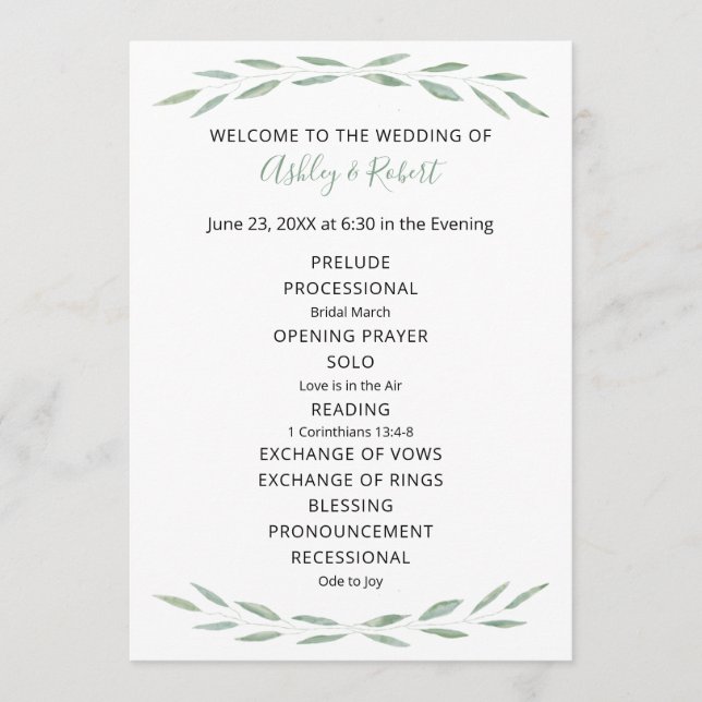 Sage Greenery Wedding Programme, Programme Botaniq (Devant)