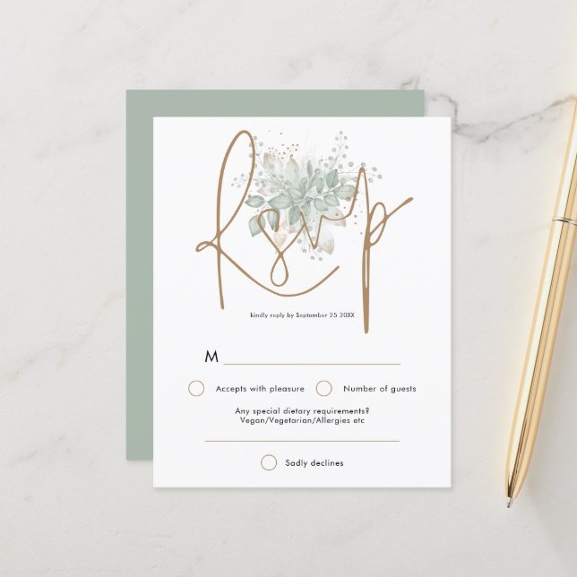 Sage Mariage Budget Sage Gold Script RSVP (Devant/Arrière en situation)