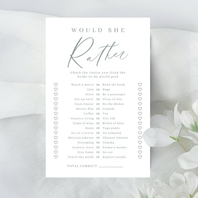 Sage minimal jeu de baby shower "plutôt qu'autre c (Sage minimal would she rather bridal shower game)