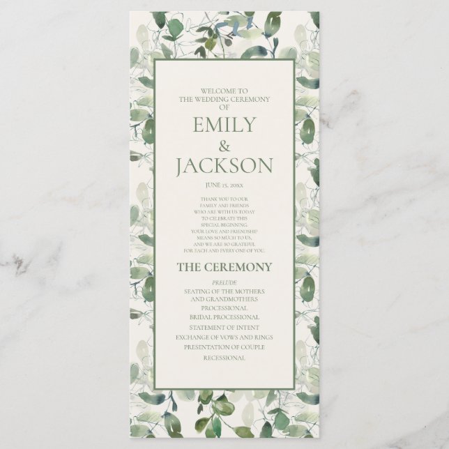 Sage Moss Green Feuilles Cream Wedding Programme (Devant)